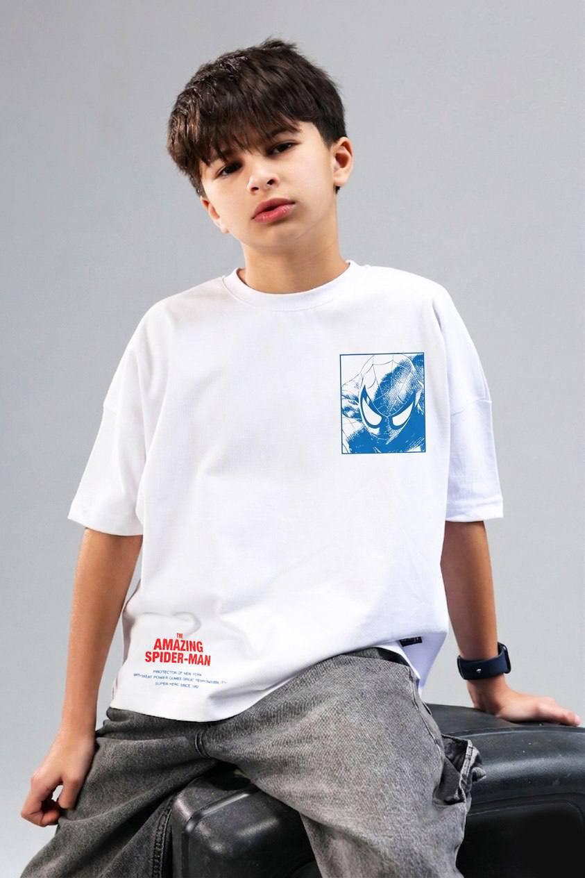 Boys Retro Poster Graphic T-Shirt – White Oversized Cotton Tee