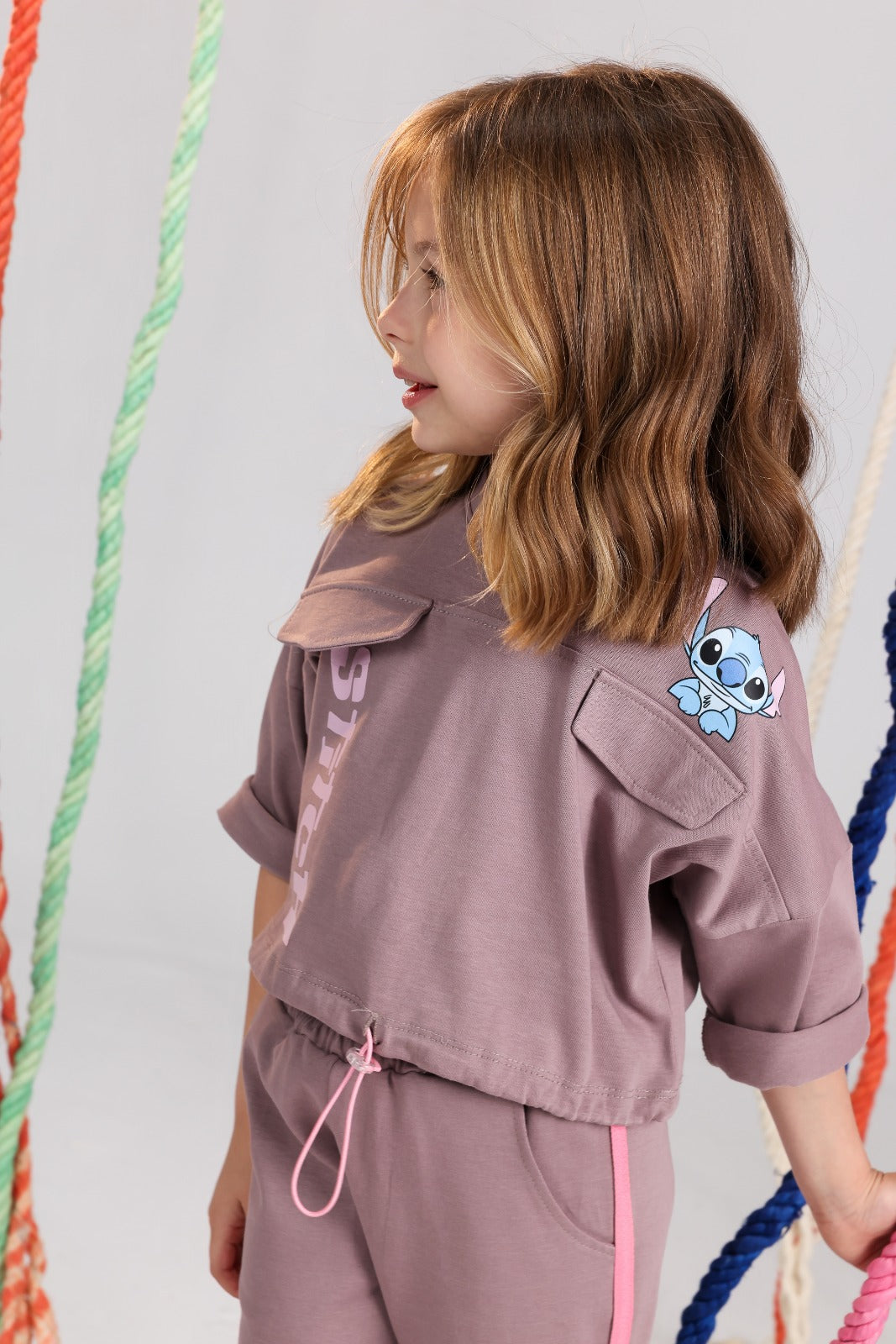 Girls Stitch Fashion Set – Mauve Cropped Top & Flared Pants Outfit