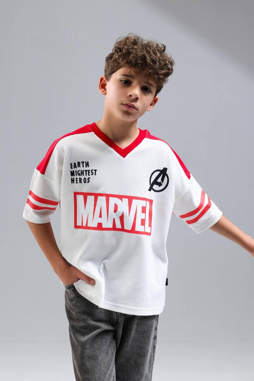 Kids Marvel Oversized Mesh T-Shirt – White & Red Graphic V-Neck Tee for Boys