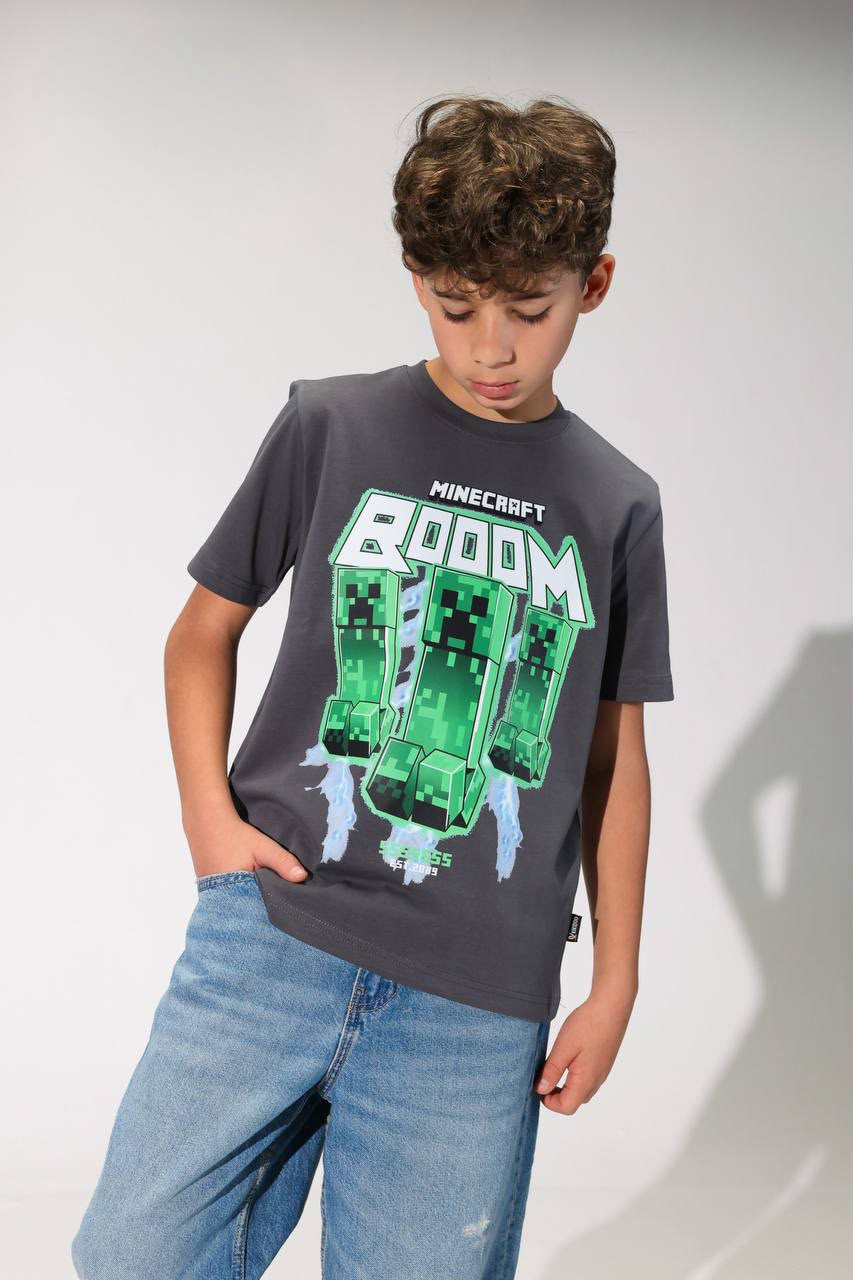 Boys Minecraft Creeper Graphic T-Shirt – Short Sleeve Cotton Tee, Dark Grey