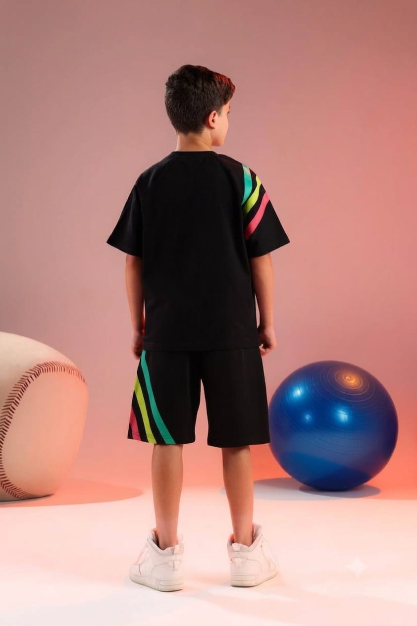 Kids Black Sports T-Shirt & Shorts Set with Neon Graphic Print