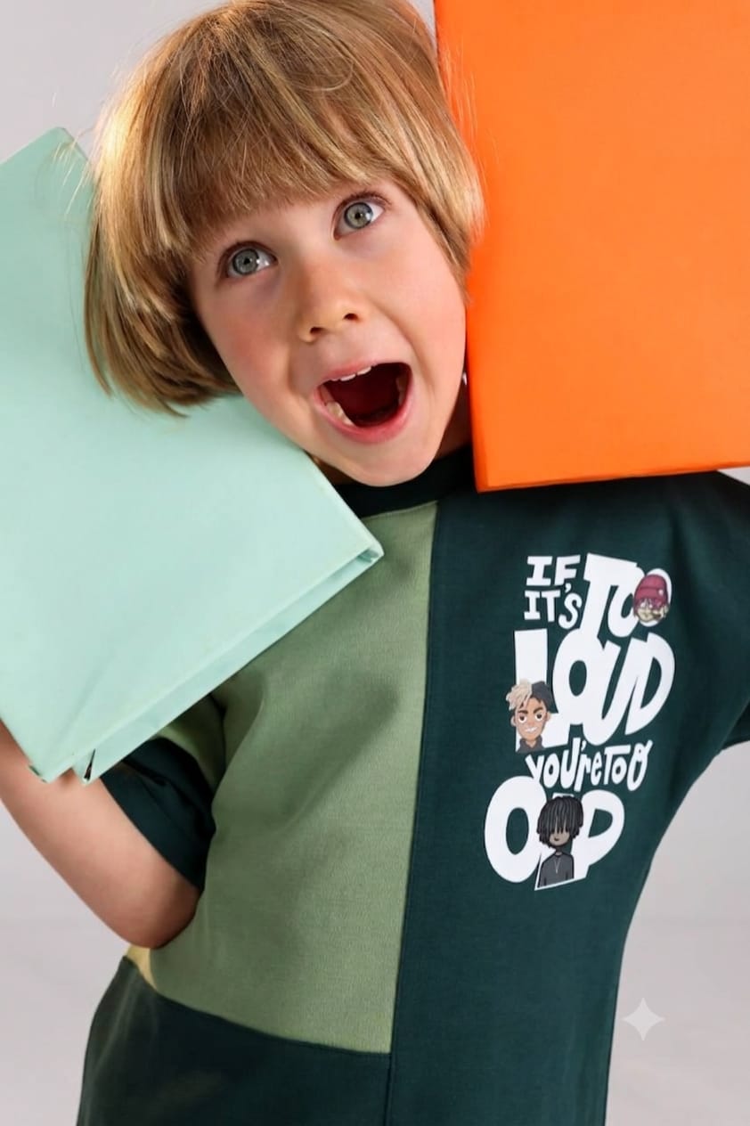 Kids Color Block Summer Outfit Set – Oversized Graphic T-Shirt & Drawstring Shorts in Dark Green