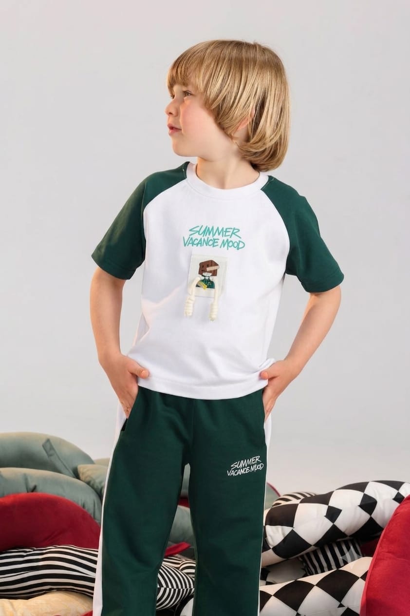 Kids Summer Vacation 2-Piece Outfit Set – Raglan T-Shirt & Jogger Pants in Dark Green