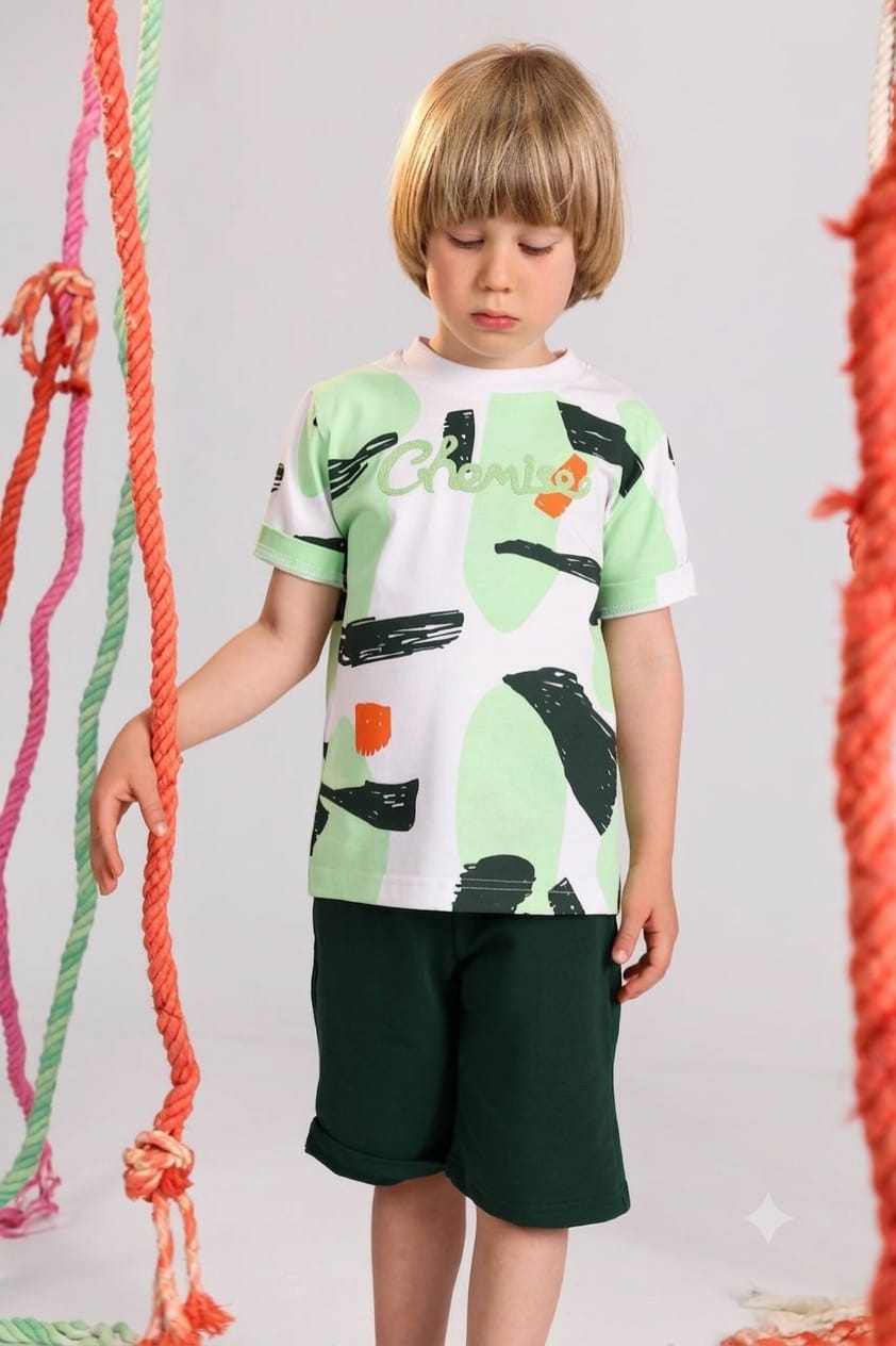 Kids Abstract Print T-Shirt & Shorts Set – Dark Green Casual Summer Outfit