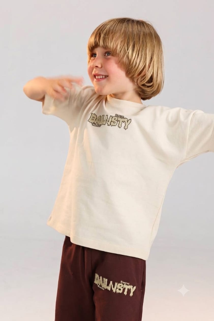 Boys Beige Graphic T-Shirt & Brown Jogger Set – Casual Dynasty Print Outfit (Ages 10–16)