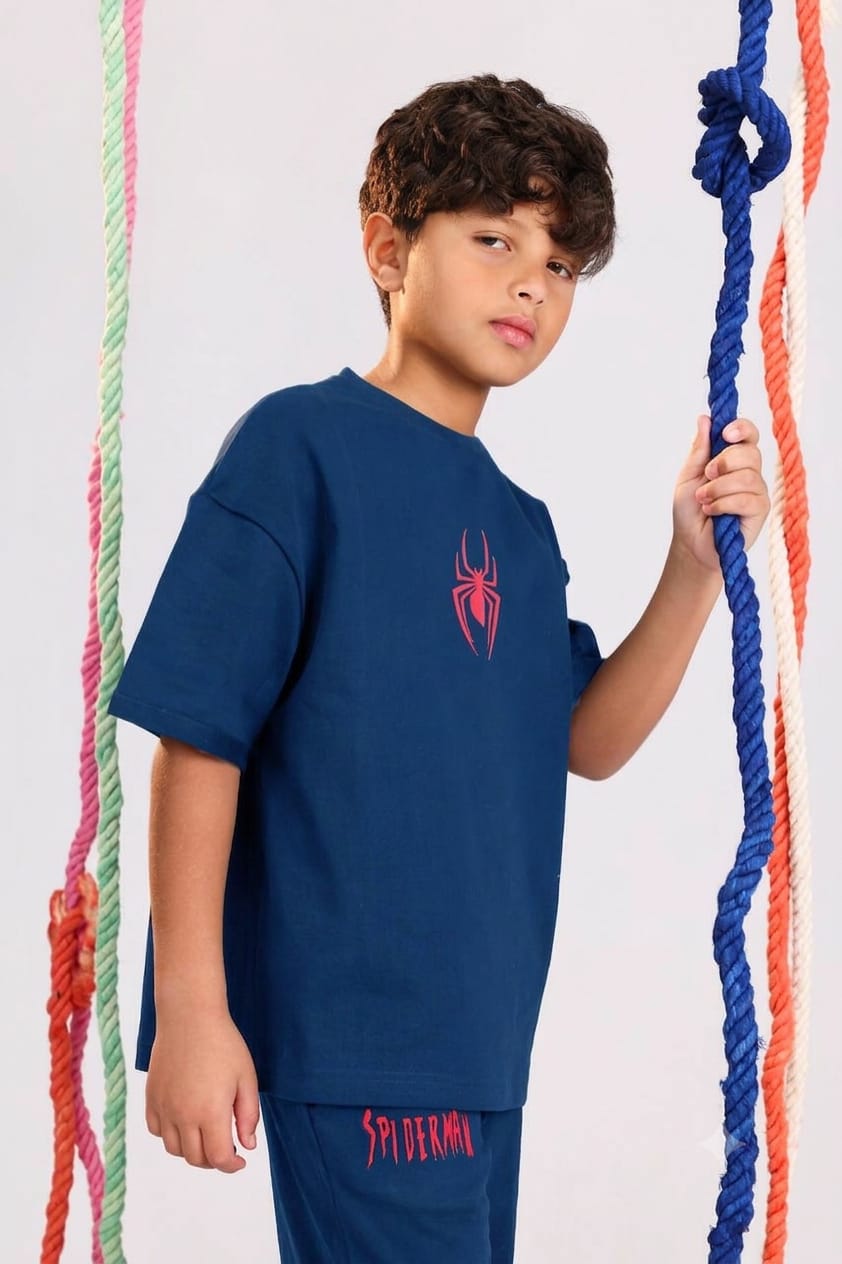 Boys Spider Graphic T-Shirt & Jogger Pants Set – Indigo Casual Summer Outfit