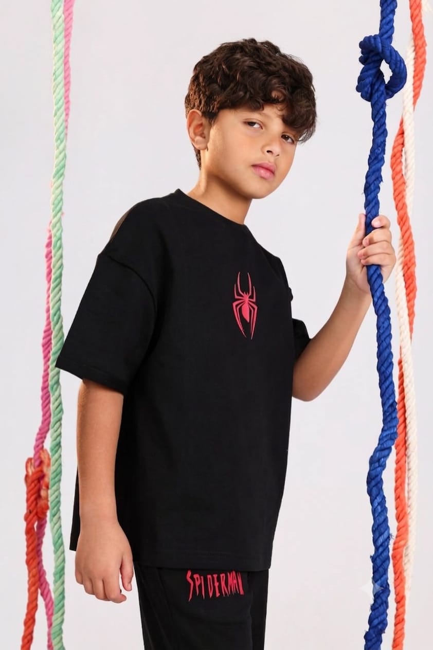 Boys Spider Graphic T-Shirt & Jogger Pants Set – Black Casual Summer Outfit