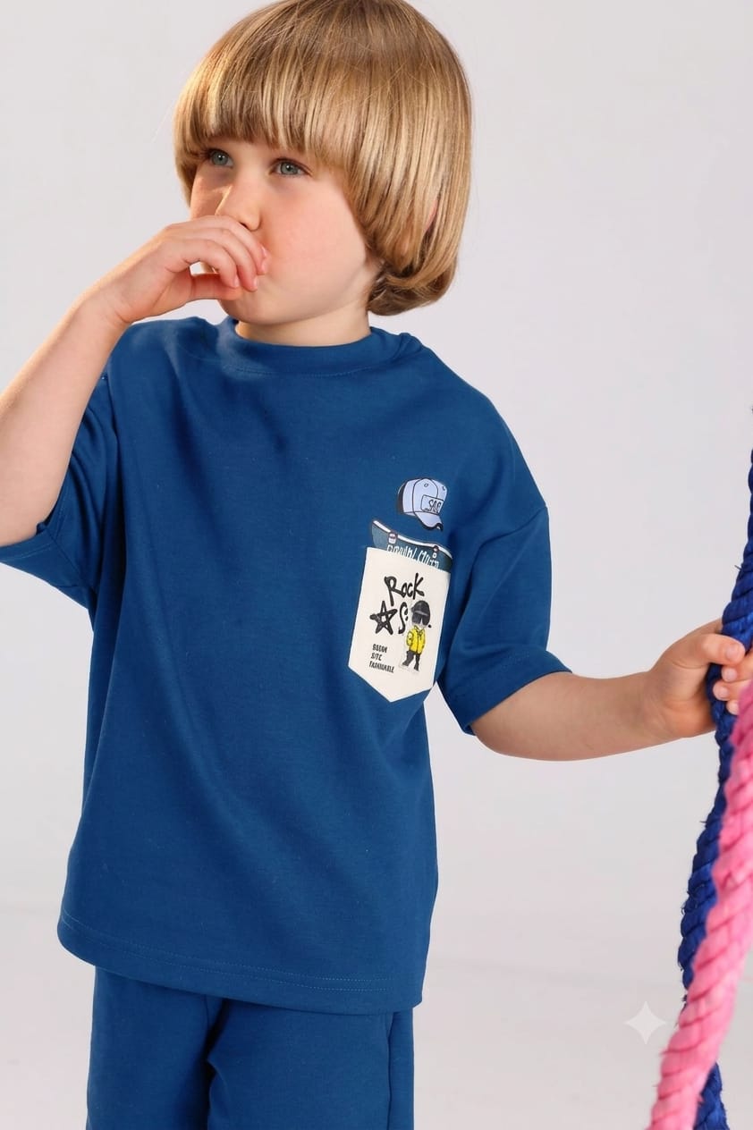 Kids Indigo "SUMWON" Print T-Shirt & Shorts Set – Cool Summer Outfit (Ages 5–9)