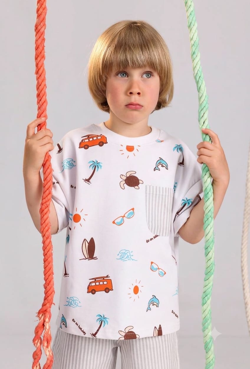 Toddler Boys Beach Print T-Shirt & Striped Shorts Set – Summer Outfit (Ages 2–4)