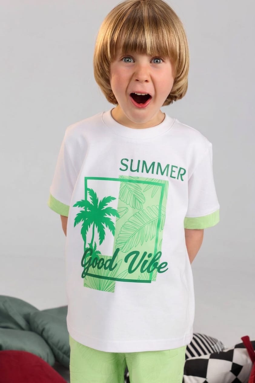 Bubbles Bring Bliss Kids Summer Pajama Set – Green “Good Vibe” Cotton T-Shirt & Shorts (Size 2-4)