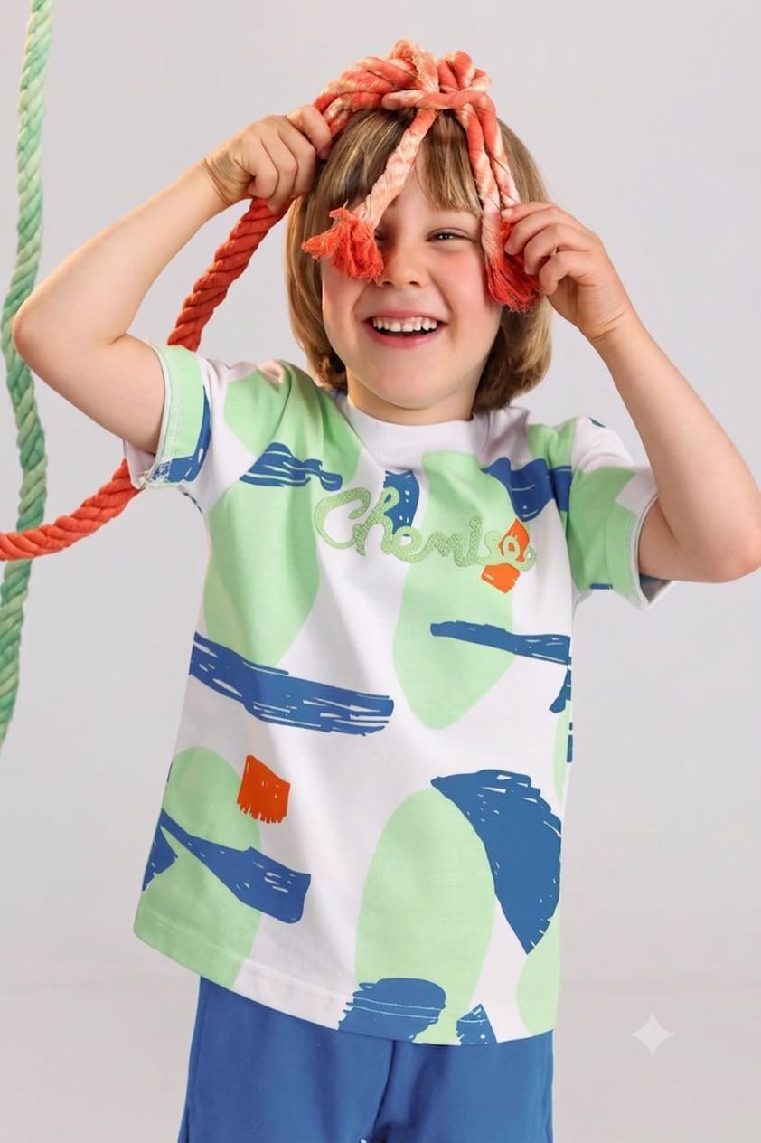Kids Printed Cotton Summer Set – Abstract Graphic T-Shirt & Blue Shorts for Boys (Ages 5–9)