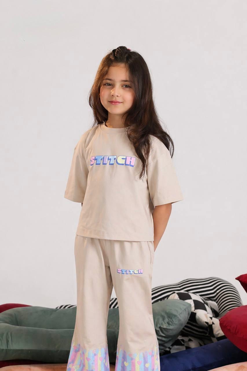 Girls Stitch Print Beige T-Shirt & Wide-Leg Pants Set – Soft Cotton Outfit (Ages 5–9)