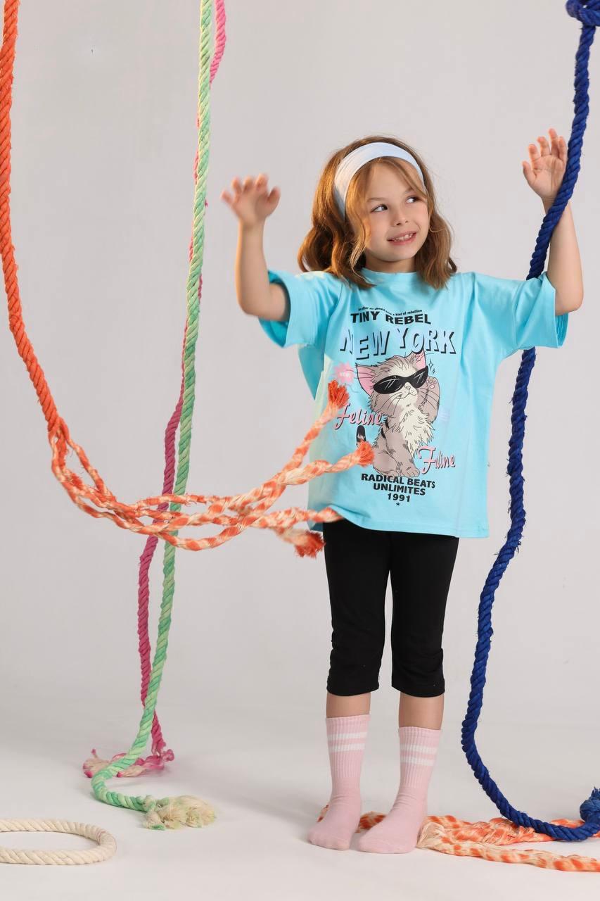 Girls Turquoise "Tiny Rebel New York" Cat Print Graphic T-Shirt (Ages 2–10)