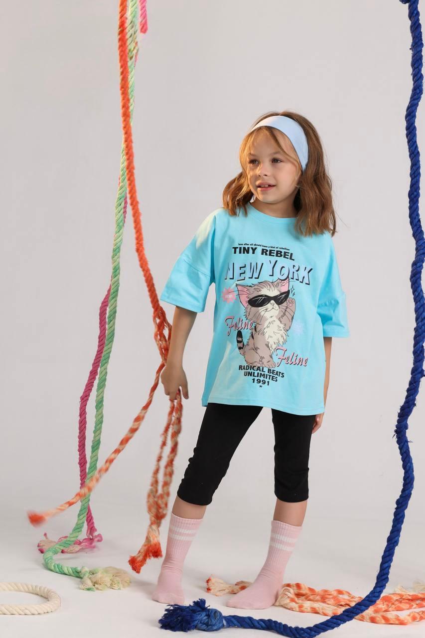 Girls Turquoise "Tiny Rebel New York" Cat Print Graphic T-Shirt (Ages 2–10)