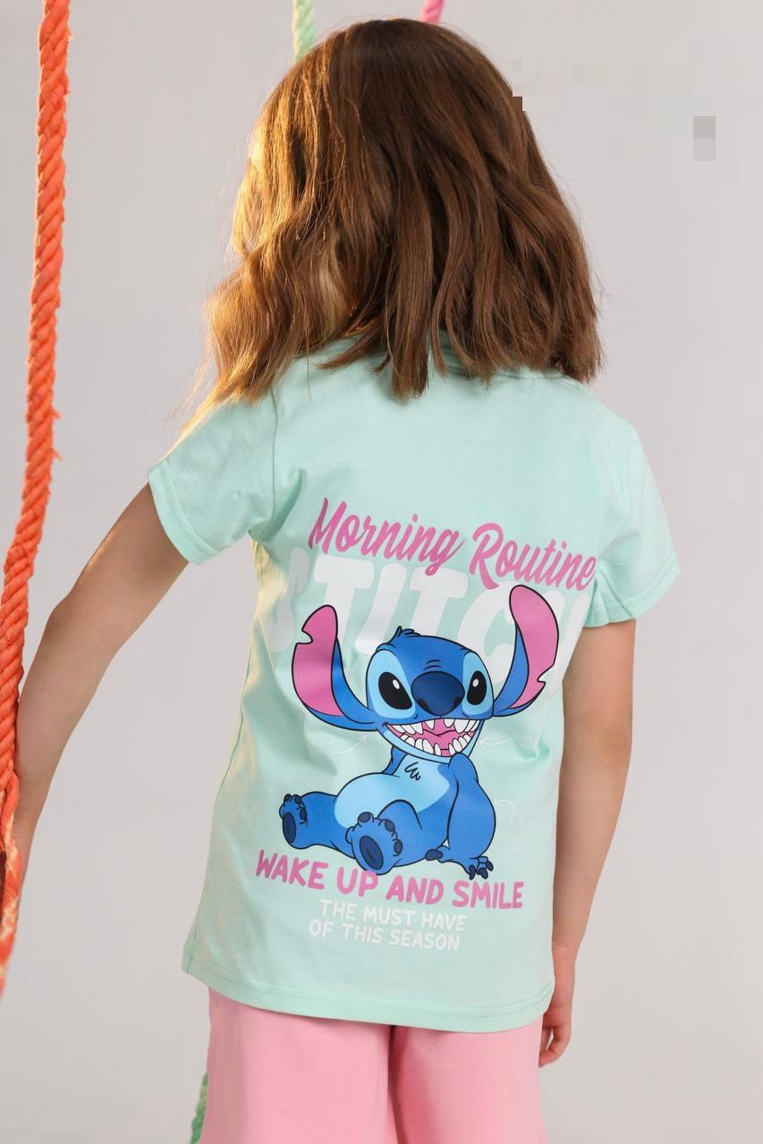 Girls Stitch Print T-Shirt & Shorts Set – Mint Green & Pink Summer Outfit (Ages 2–10)
