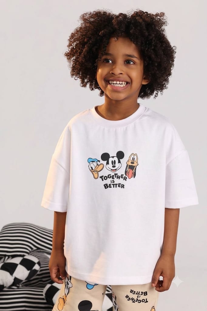 Kids Disney Character Pajama Set – White Oversized T-Shirt & Printed Pants Sleepwear for Boys and Girls (Size 2–4)