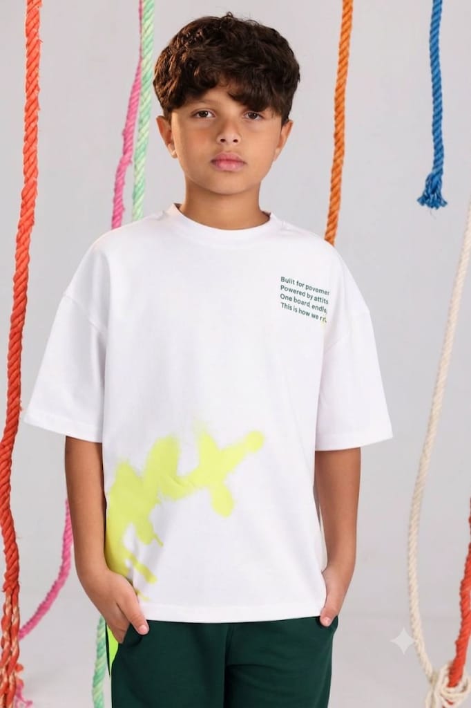 Kids Oversized White Graphic T-Shirt with Neon Splash Print | Casual Streetwear Tee for Boys