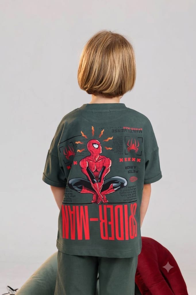 Kids Spider-Man dark green graphic t-shirt soft cotton superhero tee for ages 5-9 - Bubbles Kidswear Egypt