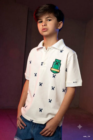 Boys’ Minecraft Polo T-Shirt – Printed Casual Cotton Polo for Kids