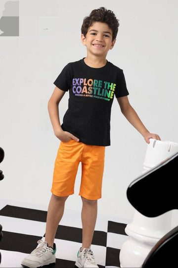 Boys Short Sleeve Pajama Set – Black Graphic T-Shirt & Orange Shorts Sleepwear