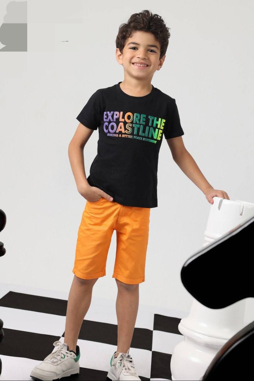 Boys Short Sleeve Pajama Set – Black Graphic T-Shirt & Orange Shorts Sleepwear