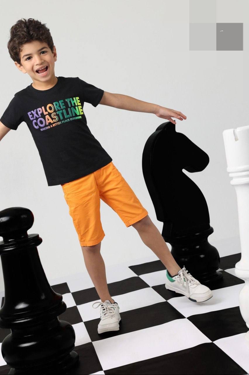 Boys Short Sleeve Pajama Set – Black Graphic T-Shirt & Orange Shorts Sleepwear