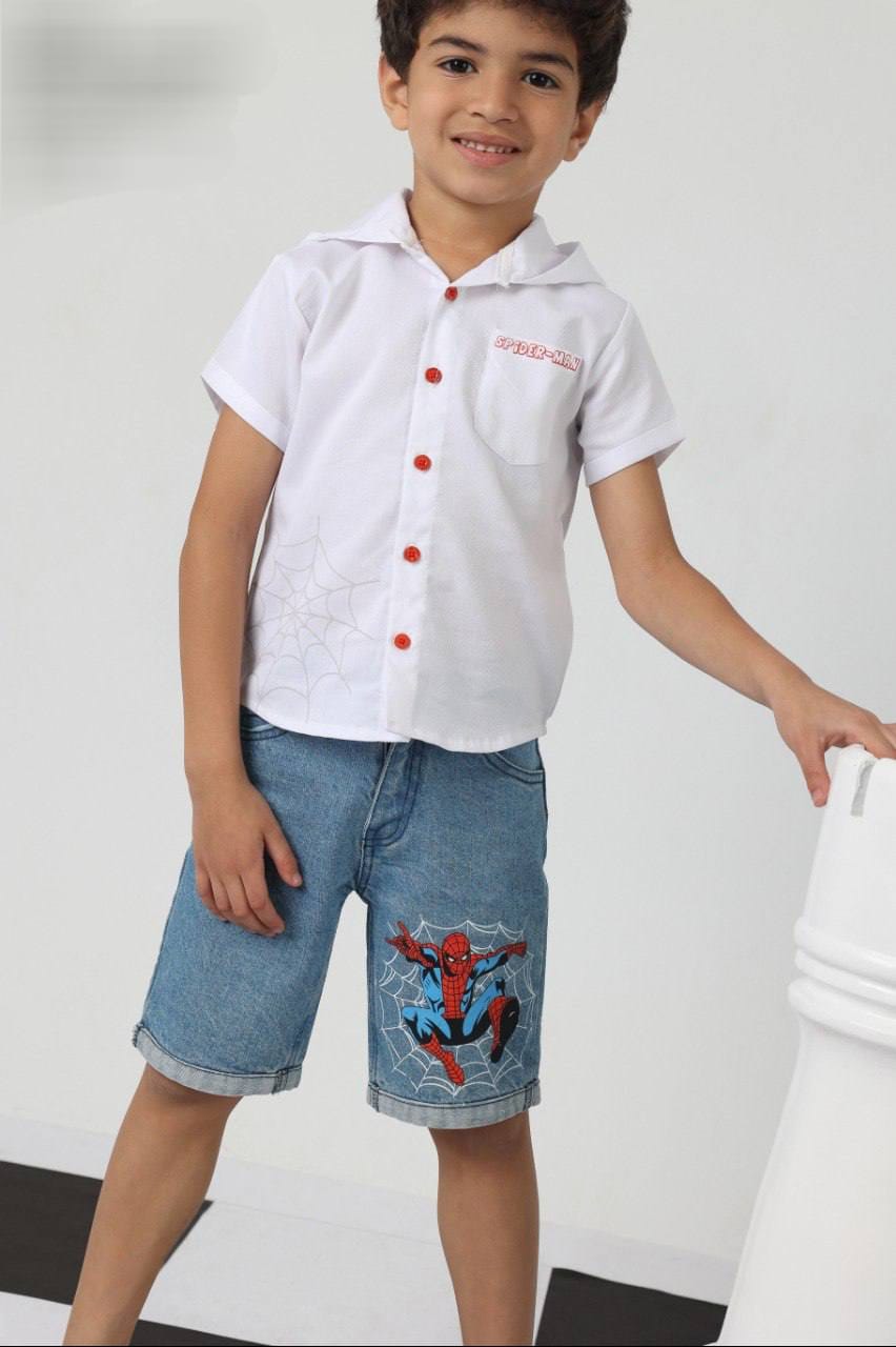 Boys Spider-Themed White Shirt & Denim Shorts Set – Smart Casual Outfit (Ages 3–7)