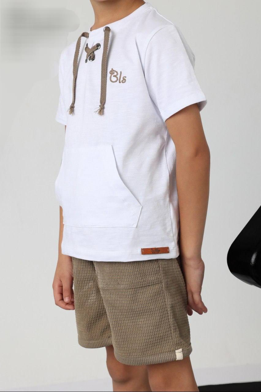 Boys Casual Summer T-Shirt & Textured Shorts Set – Lace-Up Neck Cotton Outfit