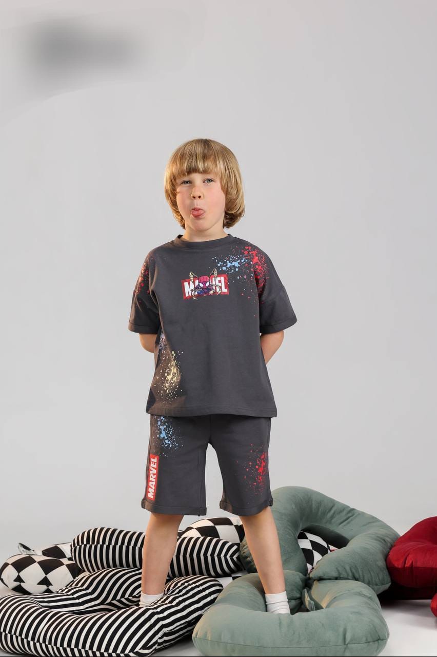 Marvel Kids Grey Splash Print T-Shirt & Shorts Set – Comfortable Summer Outfit for Boys (Ages 5–9)