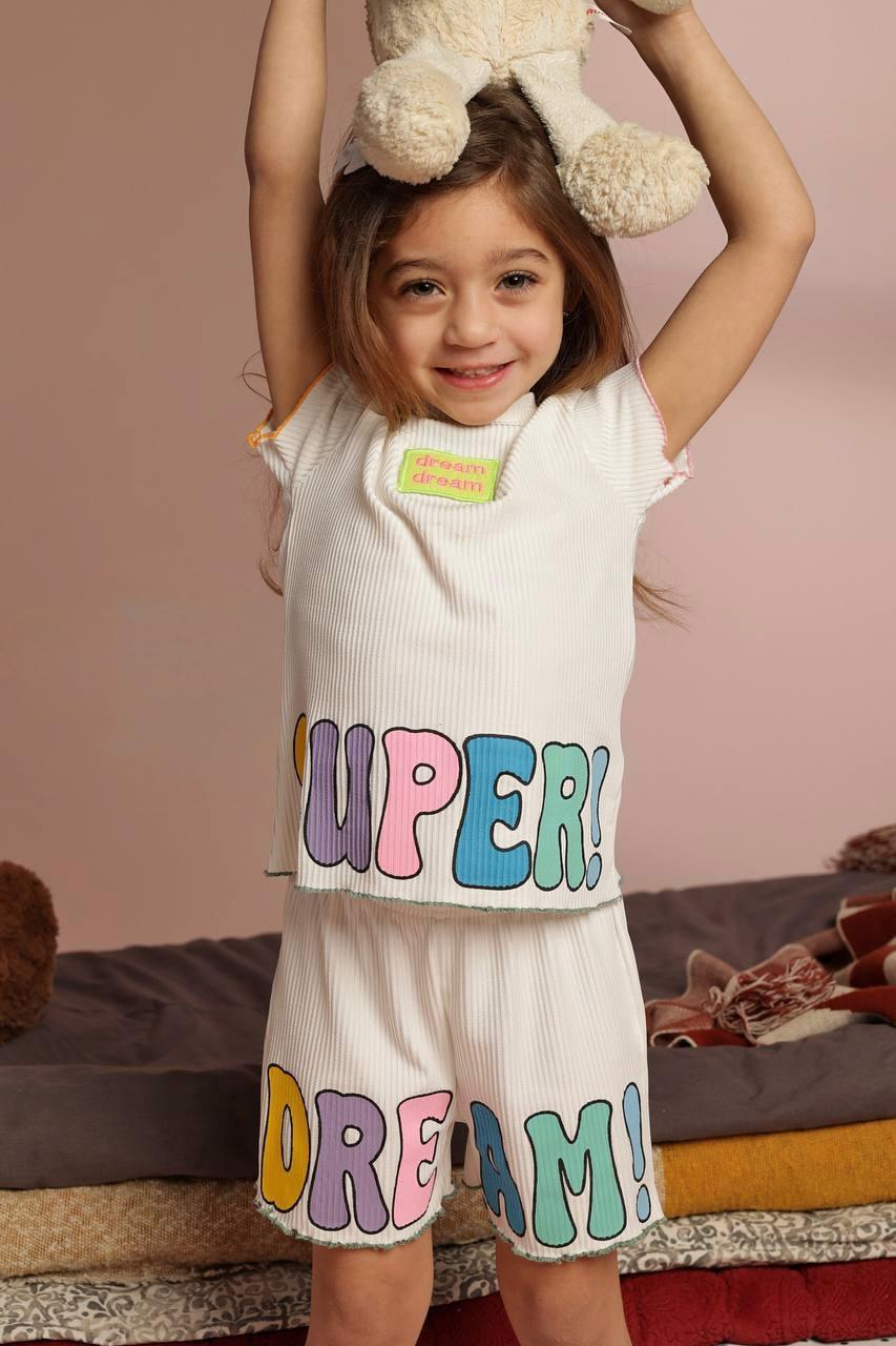 Girls Short Sleeve Pajama Set – White Graphic T-Shirt & Matching Shorts Sleepwear