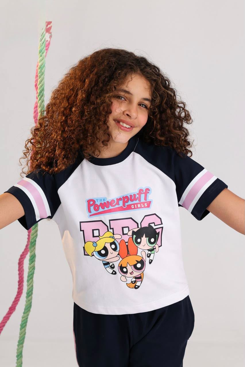 Girls Powerpuff Graphic T-Shirt & Wide Leg Pants Set – Casual Kids Outfit in White & Navy