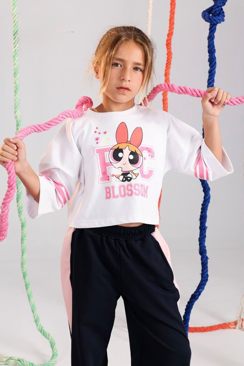 Girls Cartoon Graphic Crop Top & Wide Leg Pants Set – Trendy Casual Outfit in White, Pink & Navy