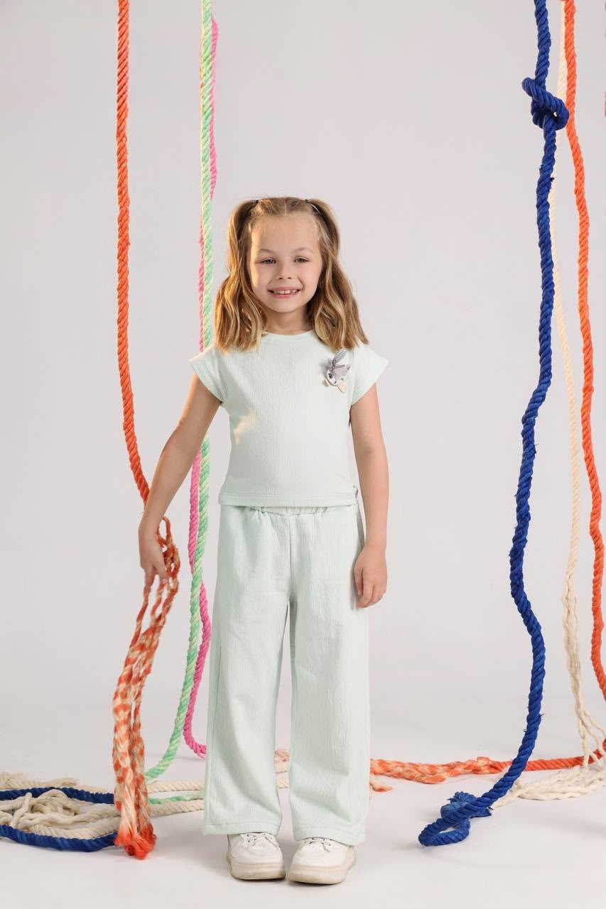 Girls Mint Textured Top & Wide-Leg Pants Set with Cute Animal Appliqué – Elegant Casual Outfit for Kids