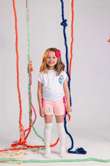 Girls Stitch Summer Outfit Set – White Graphic T-Shirt & Pink Shorts with Side Tie Details