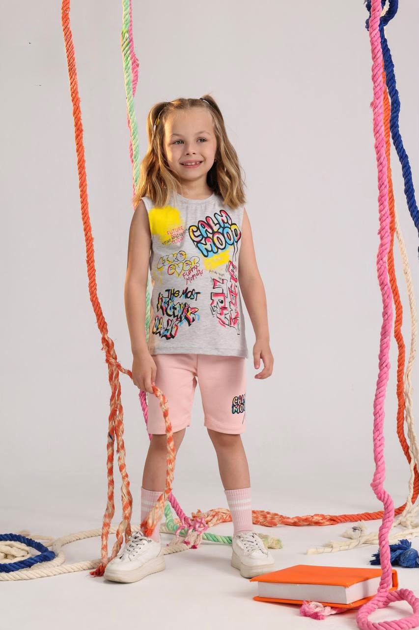 Girls Summer Pajama Set – Sleeveless Graphic Top & Pink Shorts Sleepwear
