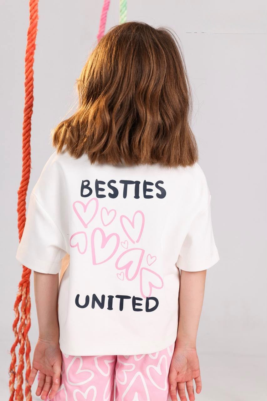 Girls Summer Pajama Set – White Graphic T-Shirt & Pink Printed Pants