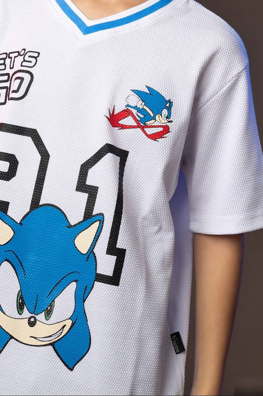 Boys' Sonic Graphic Mesh T-Shirt – White V-Neck Oversized Sports Tee | Lightweight Casual Kids Shirt