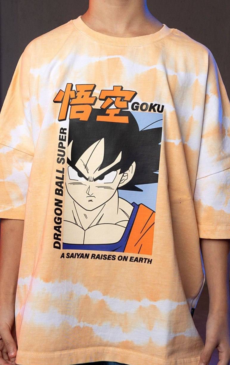 Boys' Dragon Ball Z Goku Oversized Tie-Dye T-Shirt – Peach Graphic Cotton Tee | Casual Anime Streetwear for Kids