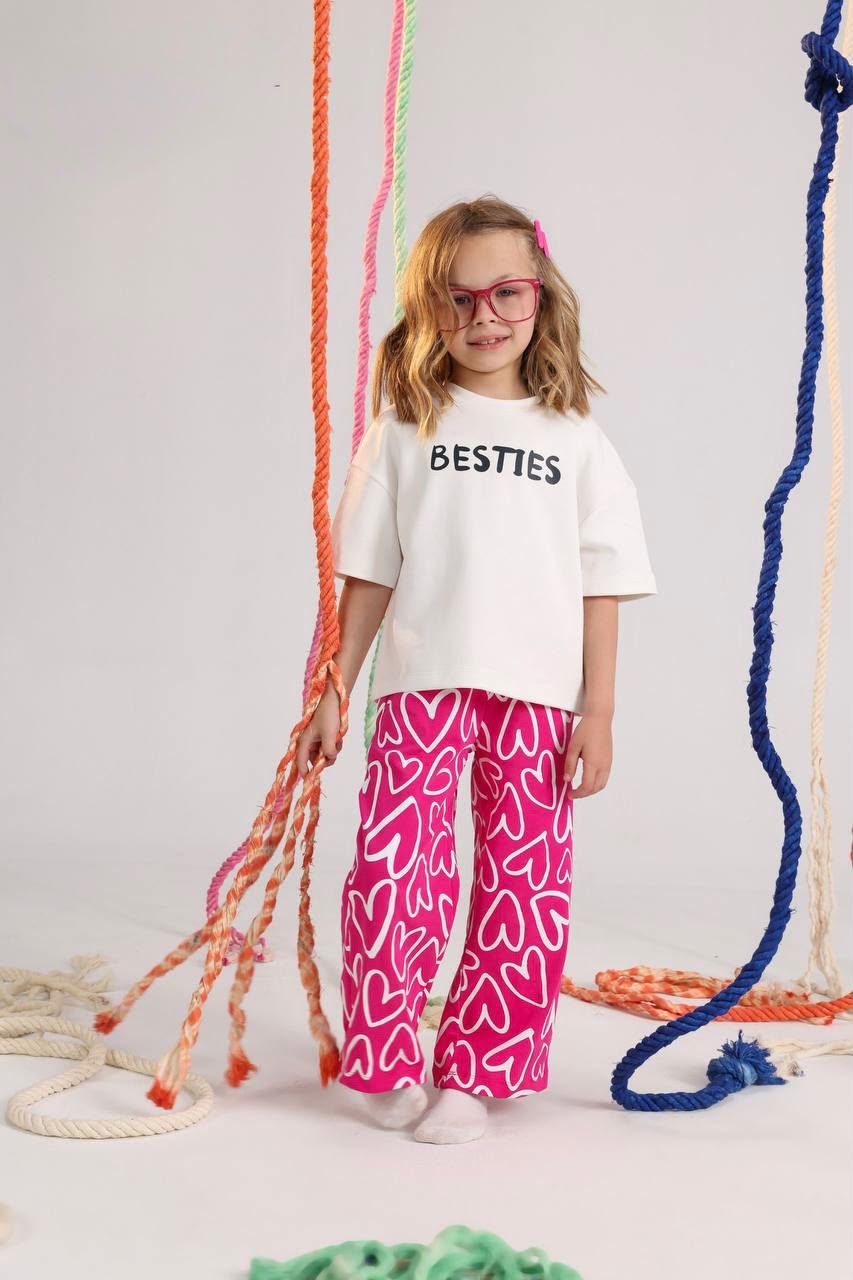 Girls Heart Print Wide-Leg Pants Set – Oversized T-Shirt & Casual 2-Piece Outfit