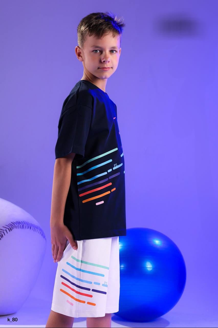 Boys' Sports T-Shirt & Shorts Set – Black Graphic Tee with White Shorts | Lightweight Casual Activewear for Kids