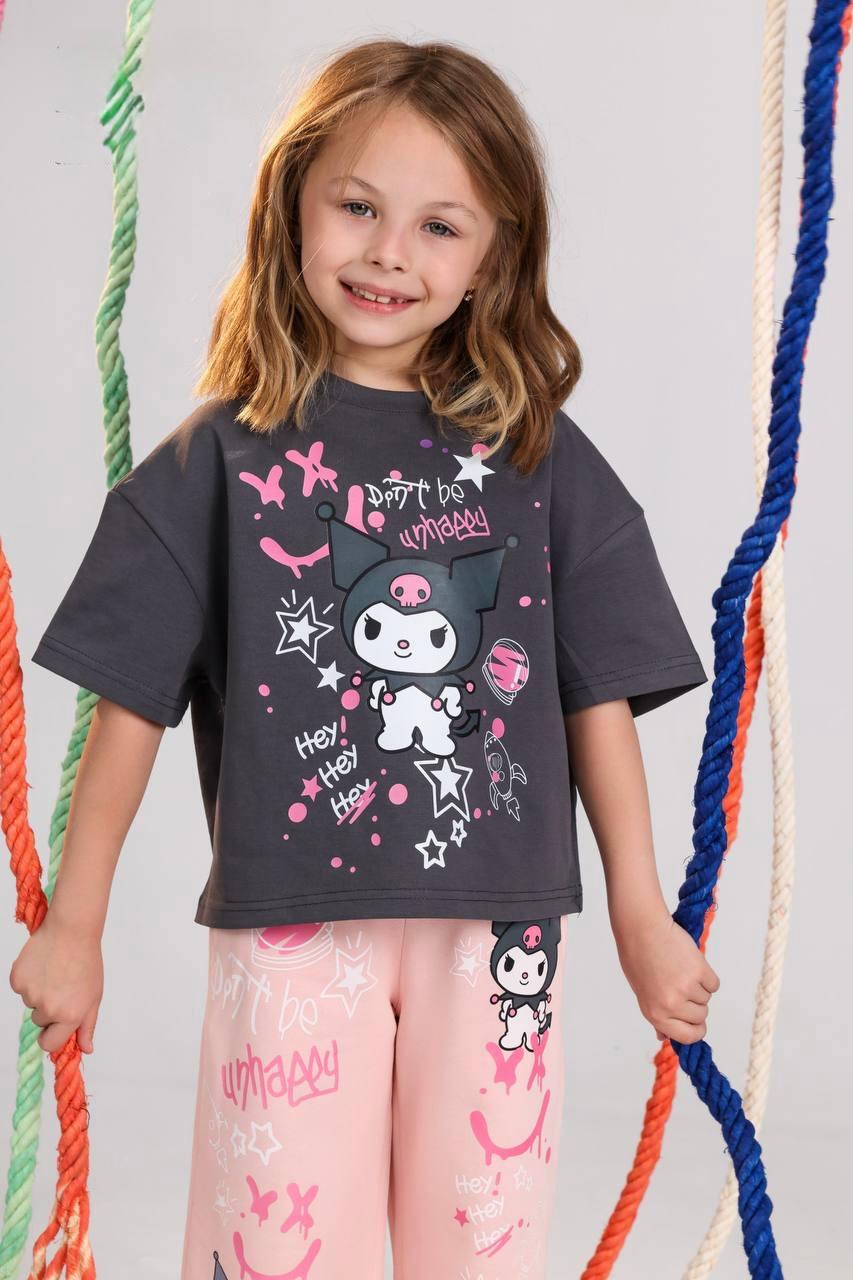 Girls Kuromi Graphic Oversized T-Shirt & Wide-Leg Pants Set – Stylish 2-Piece Casual Outfit