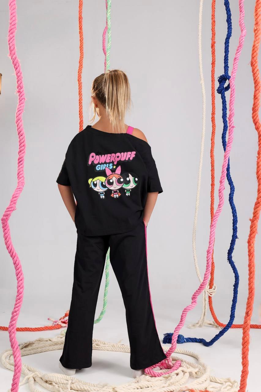 Girls Powerpuff Graphic Cold Shoulder Lounge Set – Black Wide Leg T-Shirt & Pants Outfit (Size 10–16)