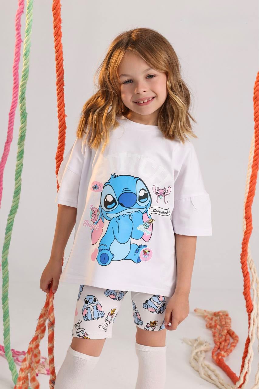 Girls’ Full Pajama Set – Stitch Cartoon Long Sleeve Top & Matching Pants