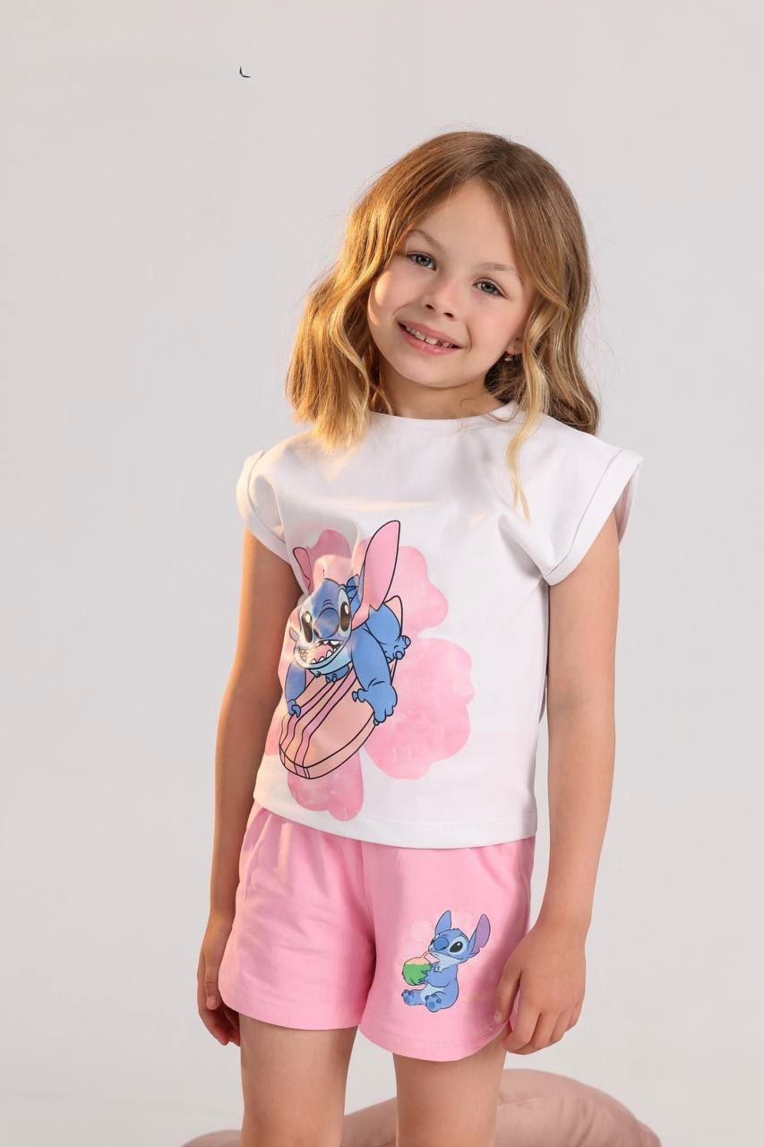 Girls White Cartoon Print Summer Pajama Set – Soft Cotton T-Shirt & Pink Shorts