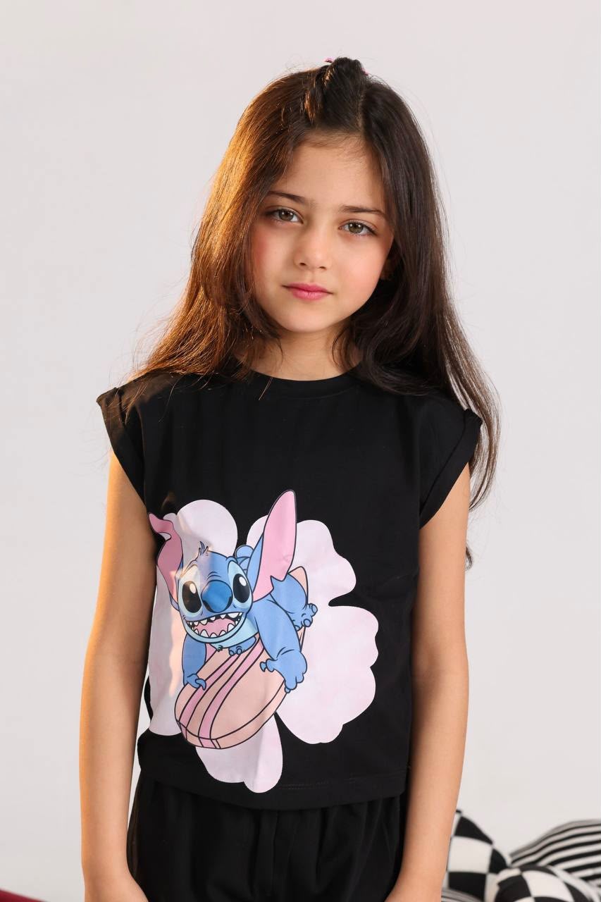 Girls Black Stitch Graphic Cotton T-Shirt – Casual Short Sleeve Tee for Ages 2–4