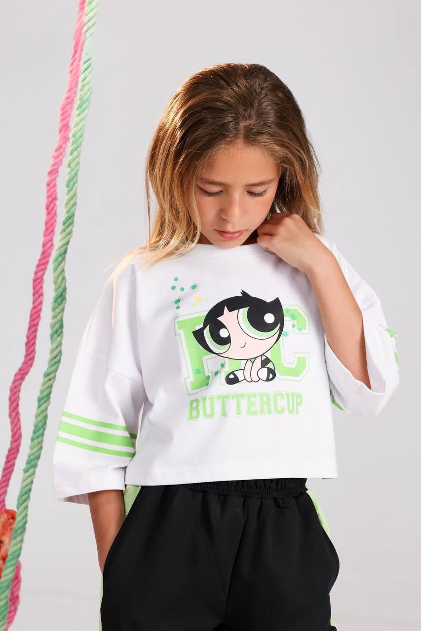 Girls Long Sleeve Pajama Set – White Printed Top & Black Pants Sleepwear