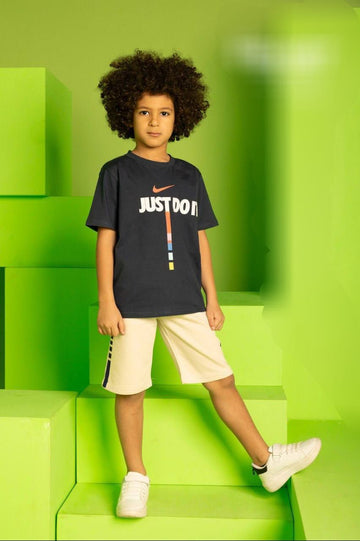 Boys' Sports T-Shirt & Shorts Set – Navy Graphic Tee with Cream Shorts | Lightweight Casual Activewear for Kids
