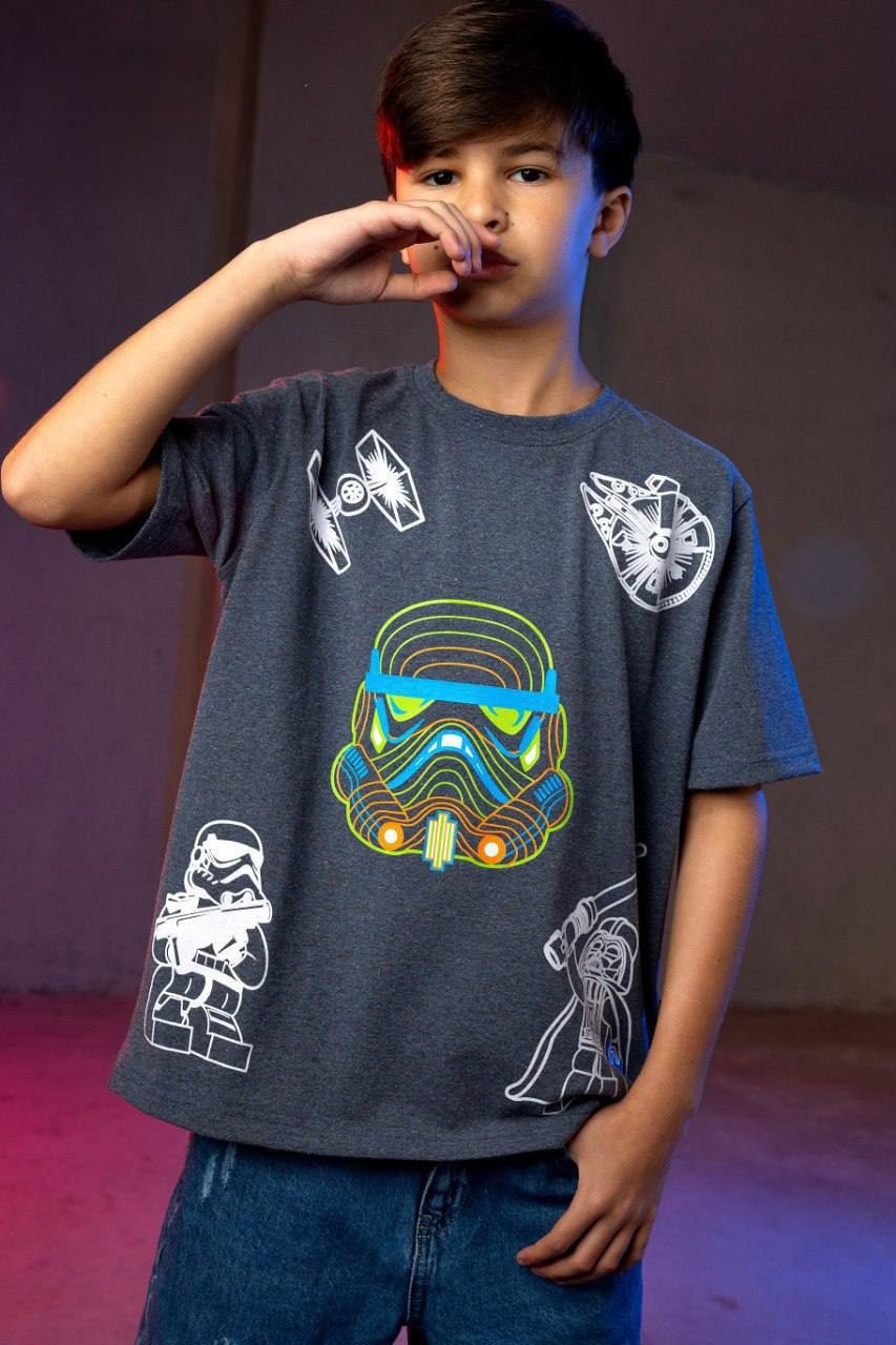 Boys' Oversized Charcoal Cotton T-Shirt – Neon Space Graphic Casual Tee