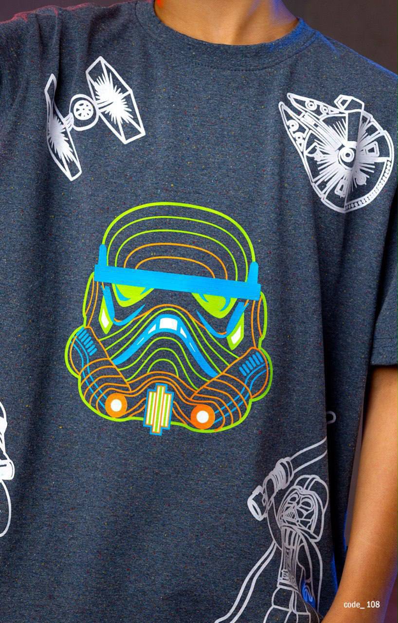 Boys' Oversized Charcoal Cotton T-Shirt – Neon Space Graphic Casual Tee