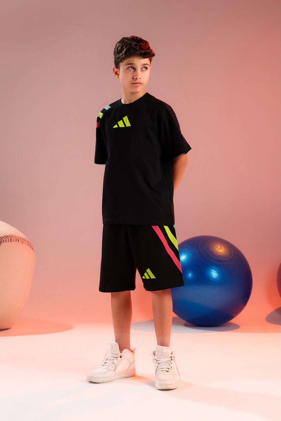 Kids Black Sports T-Shirt & Shorts Set with Neon Graphic Print